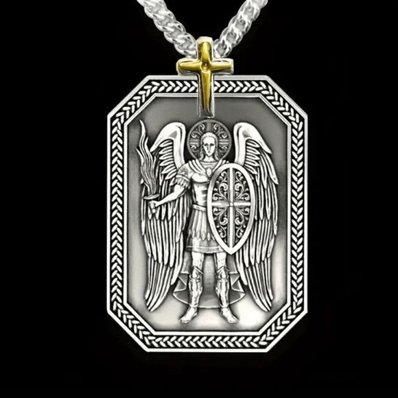 St. Michael Archangel Protector Cross Stainless Steel Pendant Necklace - Picture 3 of 5